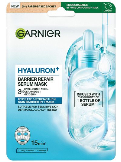 Garnier HYALURON+ textilní pleťová maska pro obnovu kožní bariéry s kyselinou hyaluronovou