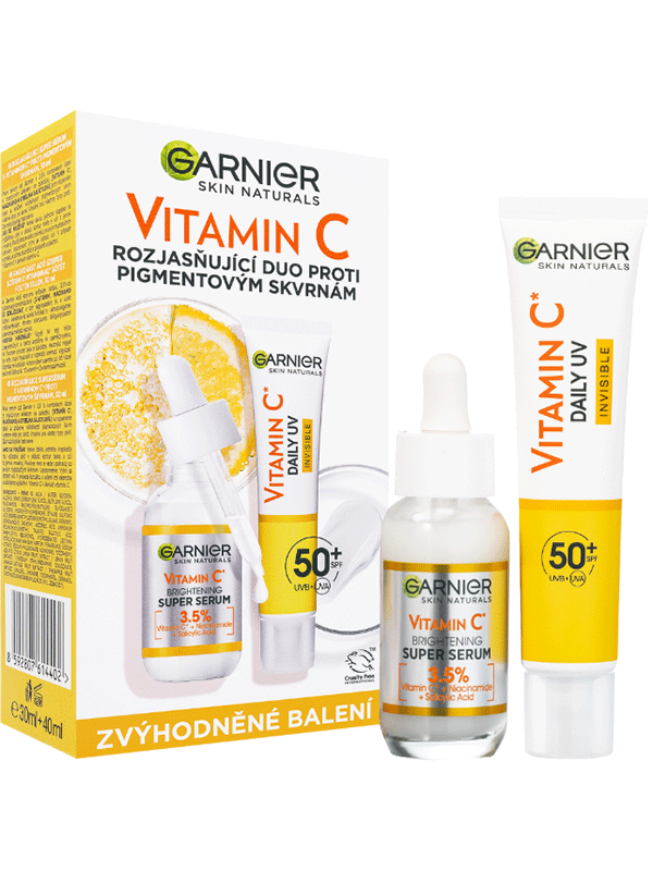 Duopack Vitamin C sérum a denní rozjasňující UV fluid SPF 50+ invisible